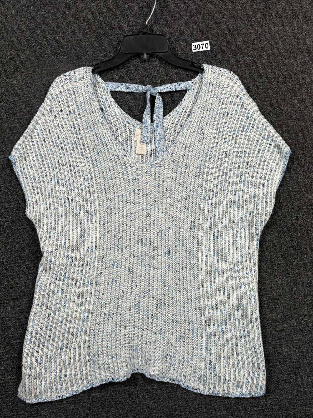 Chico's Manali Knit Sweater Top Womens Size 2 US L Blue Pullover Short Sleeve